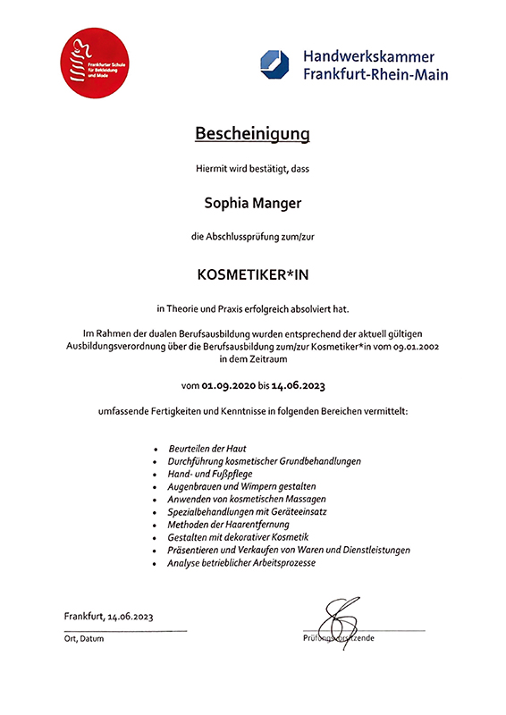 Zertifikat Ausbildung HWK zur Kosmetikerin