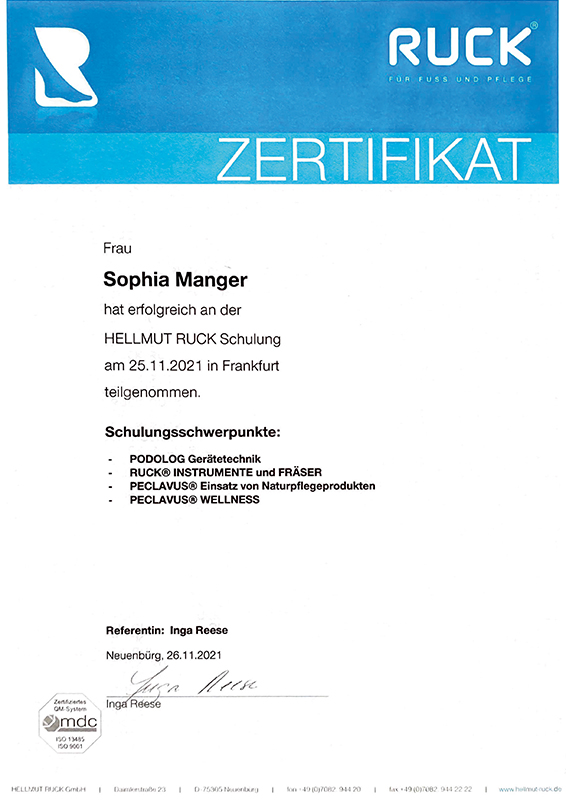 Zertifikat RUCK Gerätetechnik, Naturpflegeprodukte, Wellness