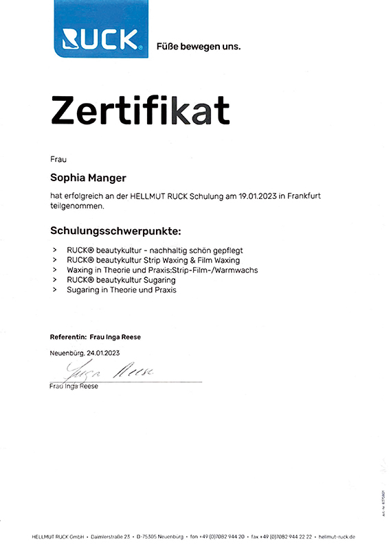 Zertifikat RUCK beautykultur: Sugaring und Waxing